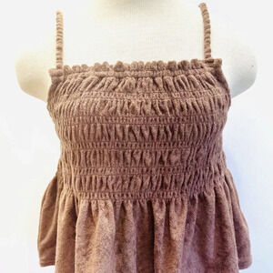 NWT SO Juniors Square Neck Terry Cloth Smocked Peplum Brown Shirred Tank Size XL